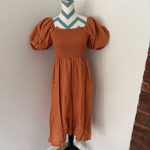 AVEC LES FILLES Orange Puff Sleeve Smocked Midi Dress